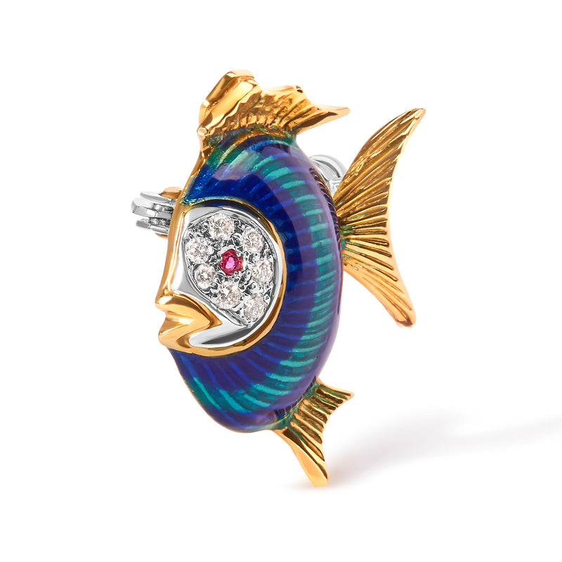 18K Yellow Gold Diamond and Pink Sapphire Angelfish Enamel Brooch Pin (H-I Color, VS2-SI1 Clarity)