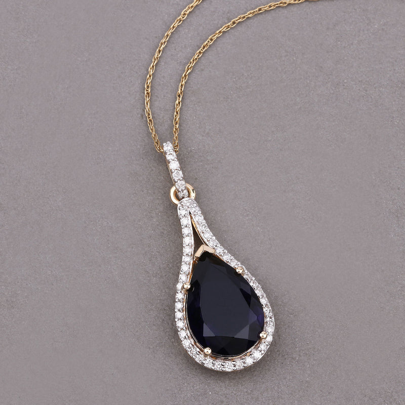 5.42 Carat Genuine Iolite and White Diamond 14K Yellow Gold Pendant