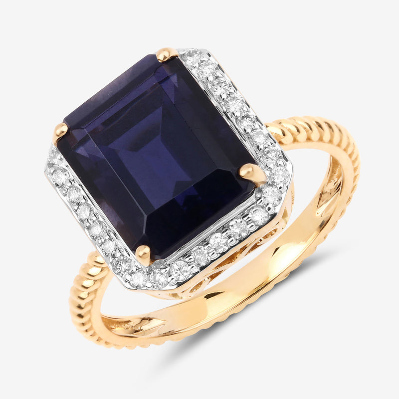 3.65 Carat Genuine Iolite and White Diamond 14K Yellow Gold Ring