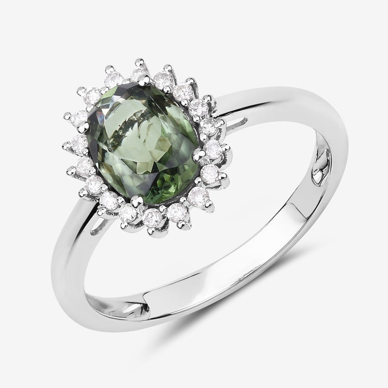 1.37 Carat Genuine Green Tourmaline and White Diamond 14K White Gold Ring