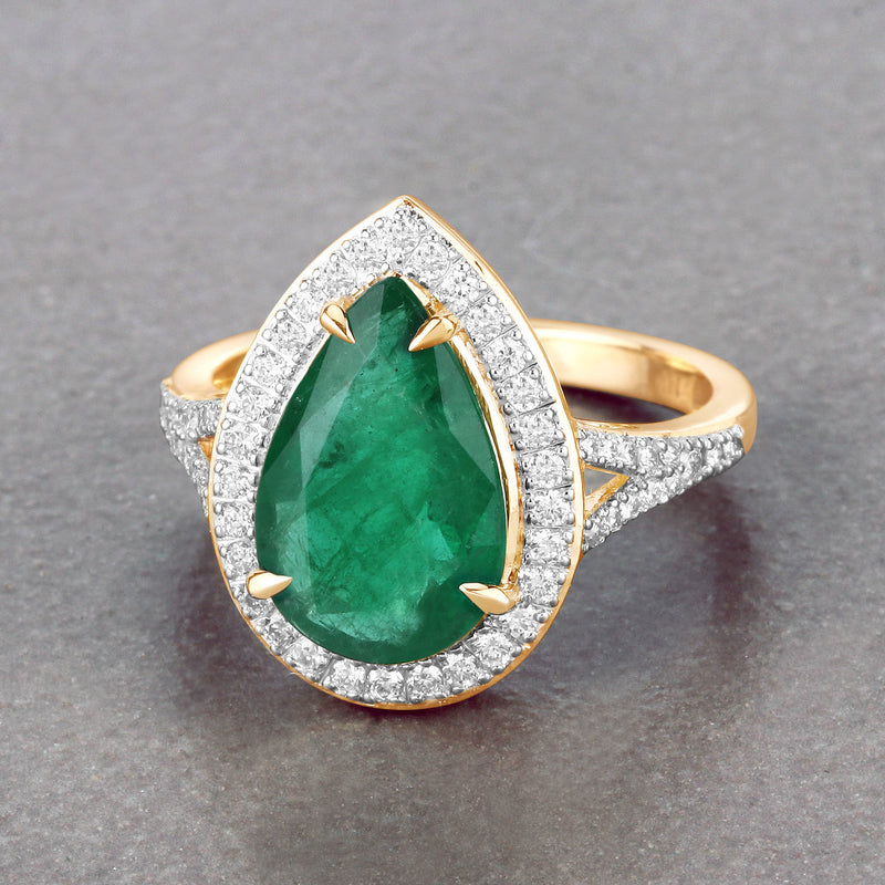 IGI Certified 3.54 Carat Genuine Zambian Emerald and White Diamond 14K Yellow Gold Ring