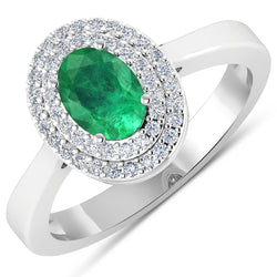 0.88 Carat Genuine Zambian Emerald and White Diamond 14K White Gold Ring