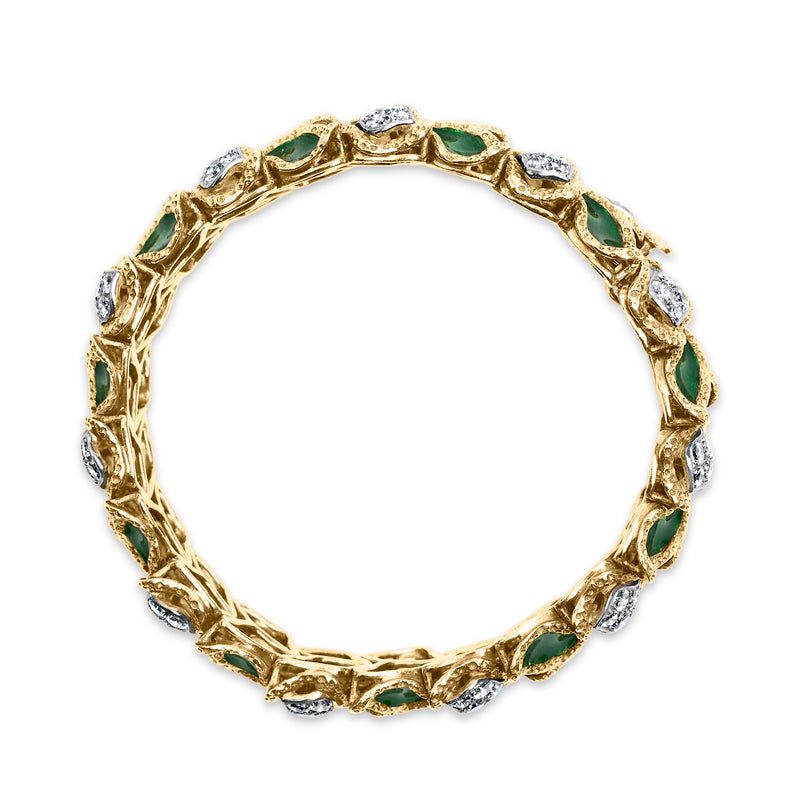 18K Yellow Gold 3 1/4 Cttw Diamond and Green Enamel Gold Textured Bracelet (G-H Color, VS1-VS2 Clarity) - 7" Inches