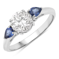 1.30 Carat Genuine Blue Sapphire and Lab Grown Diamond 14K White Gold Ring