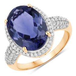 4.41 Carat Genuine Iolite and White Diamond 14K Yellow Gold Ring