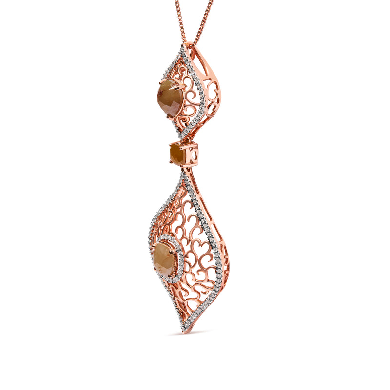 14K Rose Gold 4 5/8 Cttw Rose Cut Diamond and White Diamond Double Floral Rhombus 18" Inch Pendant Necklace (Brown/I-J Color, I1-I2 Clarity)