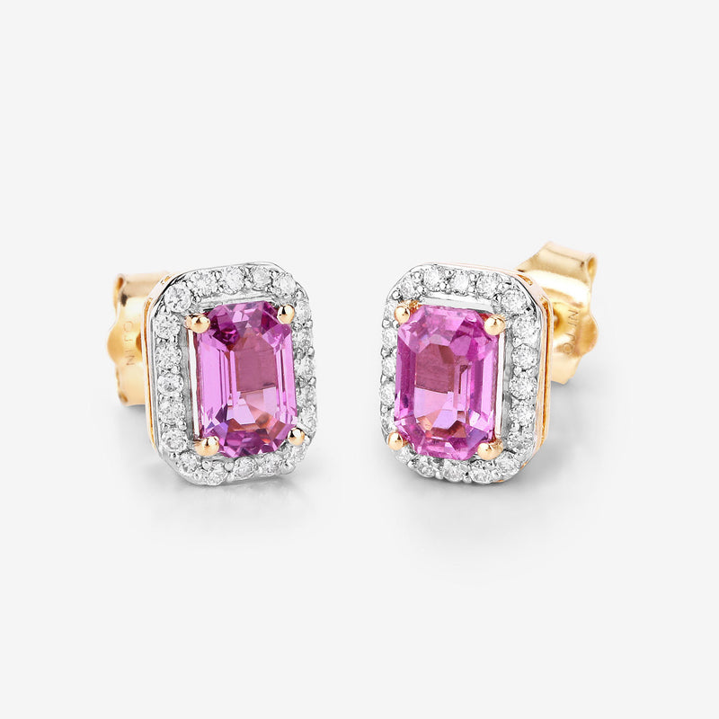 1.46 Carat Genuine Pink Sapphire and White Diamond 14K Yellow Gold Earrings