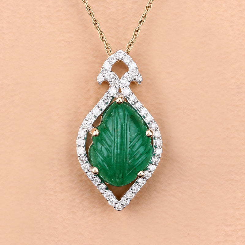 3.68 Carat Genuine Colombian Emerald and White Diamond 14K Yellow Gold Pendant