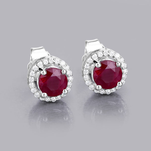 1.50 Carat Genuine Ruby and White Diamond 14K White Gold Earrings