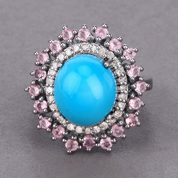 7.07 Carat Genuine Pink Tourmaline, Turquoise and White Diamond .925 Sterling Silver Ring