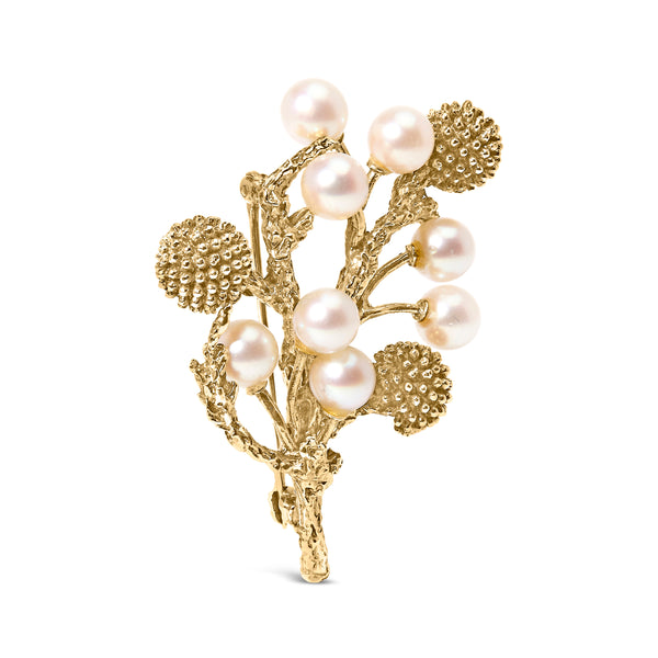 18K Yellow Gold Cultured Akoya Pearl Tree Branch Brooch Pin with Hammered Polish