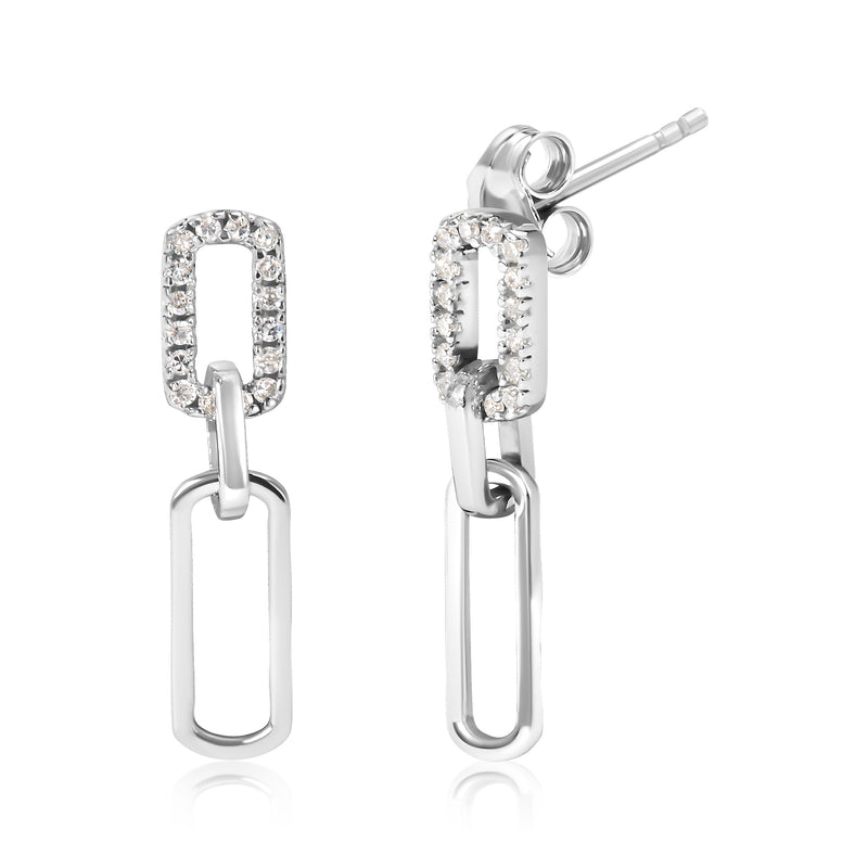 .925 Sterling Silver 1/10 Cttw Diamond Studded Paperclip Drop and Dangle Earrings (I-J Color, I2-I3 Clarity)