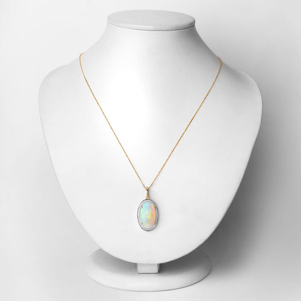 7.18 Carat Genuine Ethiopian Opal and White Diamond 14K Yellow Gold Pendant