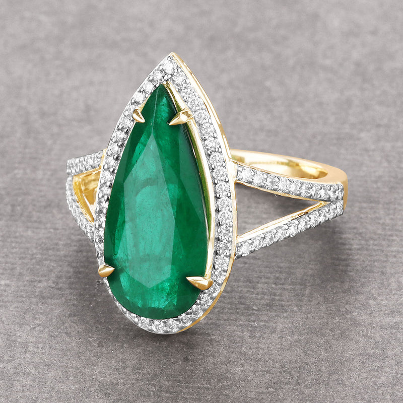 IGI Certified 4.08 Carat Genuine Zambian Emerald and White Diamond 14K Yellow Gold Ring