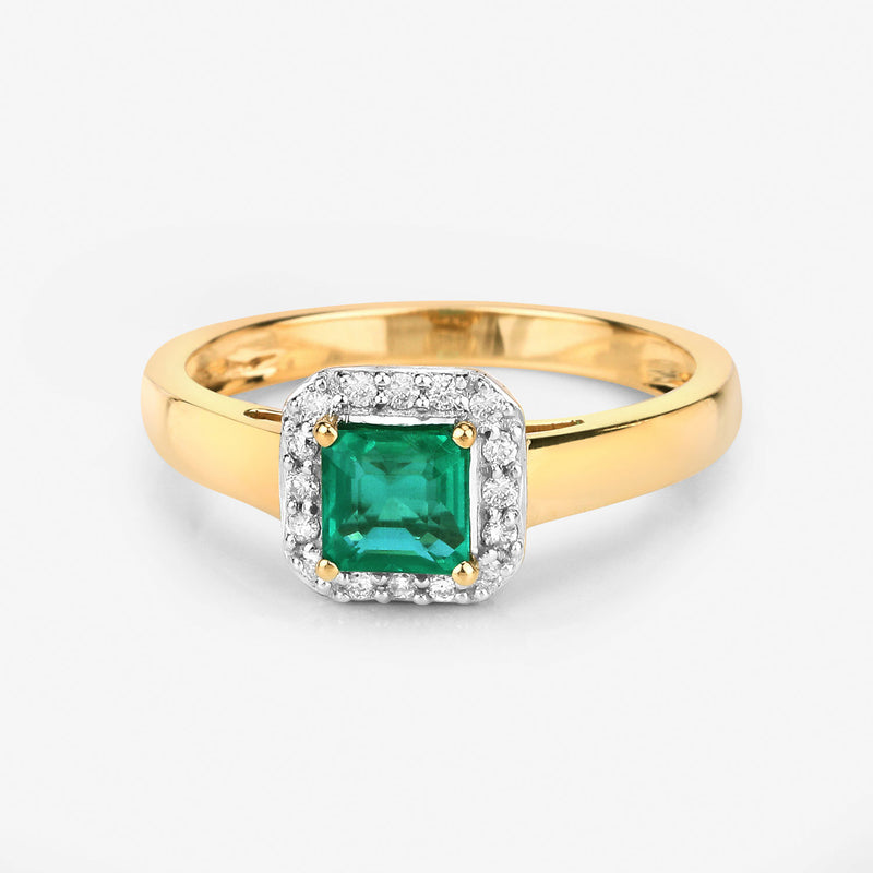 0.77 Carat Genuine Zambian Emerald and White Diamond 14K Yellow Gold Ring