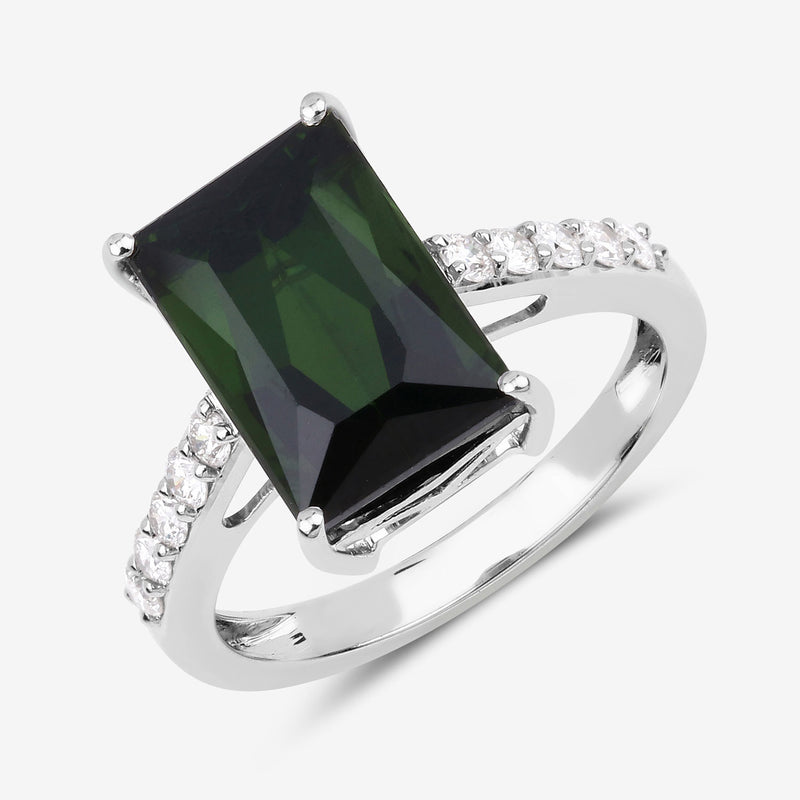 6.16 Carat Genuine Green Tourmaline and White Diamond 14K White Gold Ring