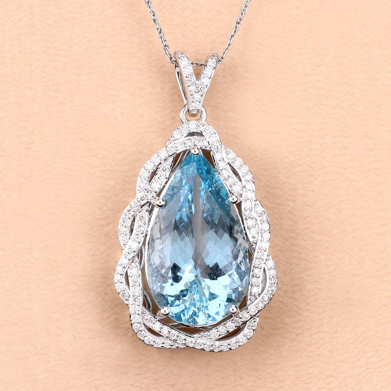 11.90 Carat Genuine Aquamarine and White Diamond 14K White Gold Pendant