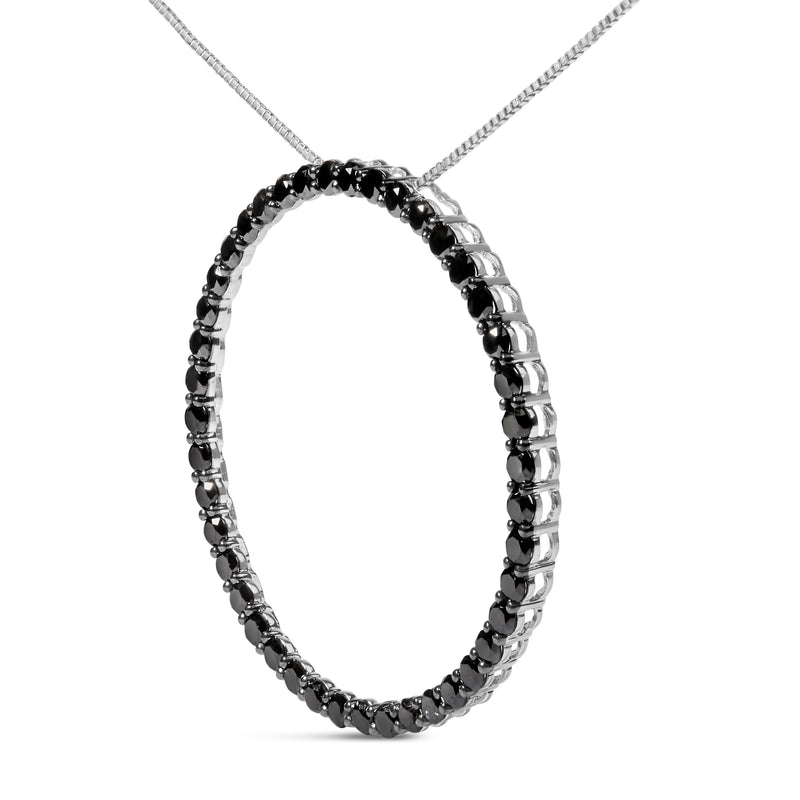 .925 Sterling Silver 3.0 Cttw Black Diamond Open Hoop Circle 18" Pendant Necklace (Black Color, I2-I3 Clarity)