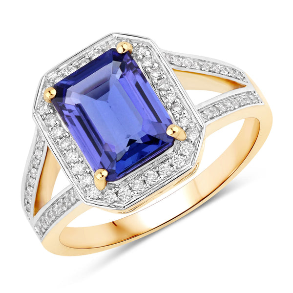 2.38 Carat Genuine Tanzanite and White Diamond 14K Yellow Gold Ring