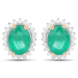 2.66 Carat Genuine Zambian Emerald and White Diamond 14K Yellow Gold Earrings