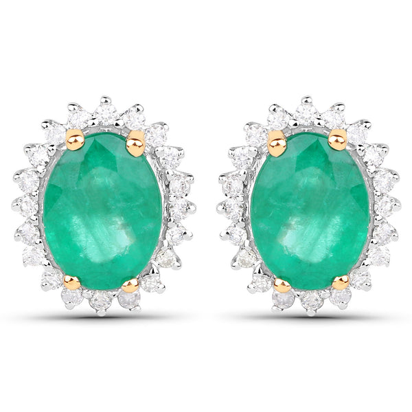 2.66 Carat Genuine Zambian Emerald and White Diamond 14K Yellow Gold Earrings