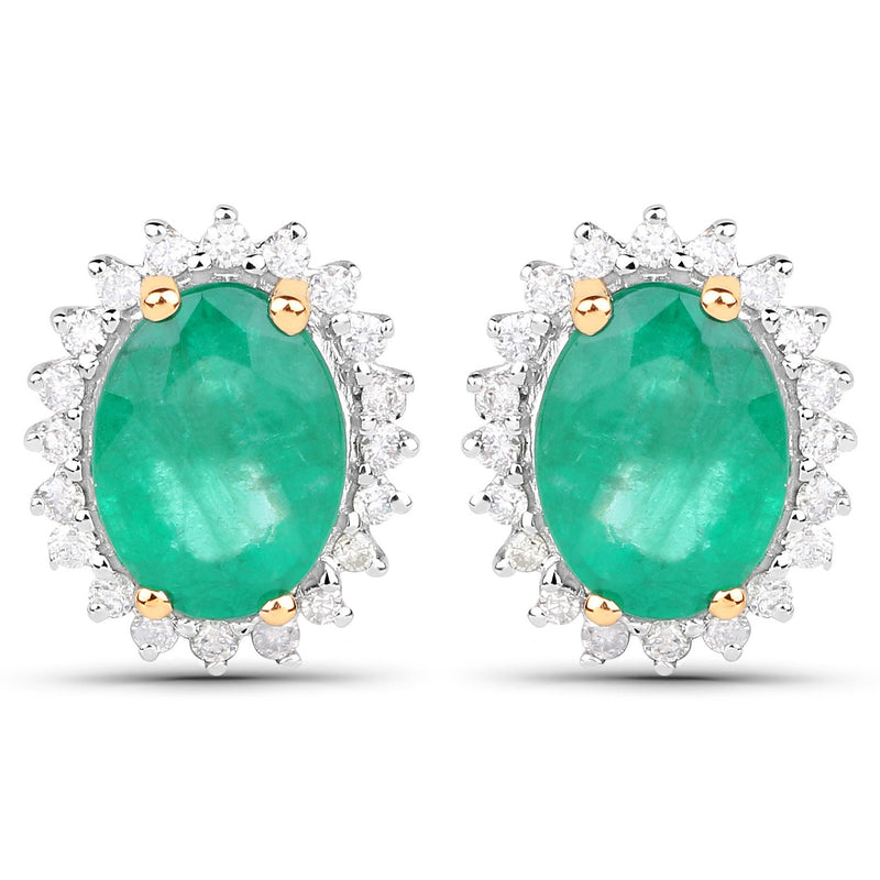 2.66 Carat Genuine Zambian Emerald and White Diamond 14K Yellow Gold Earrings