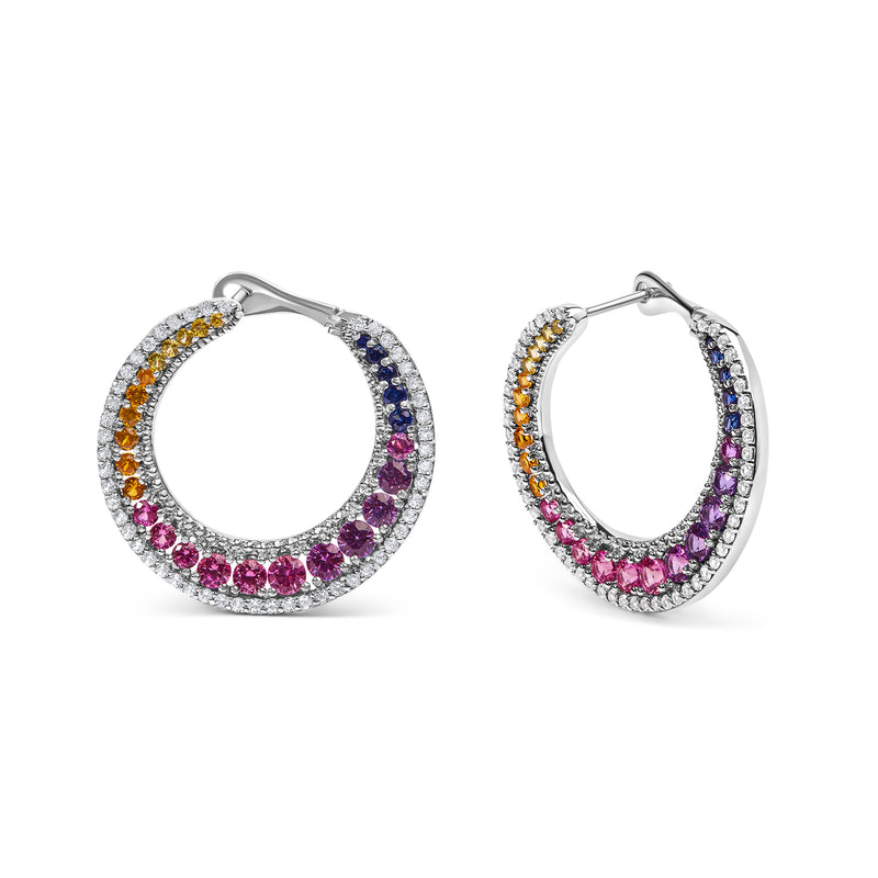 .925 Sterling Silver 3.0 Cttw Multi Colored Created Sapphire Rainbow Color Disc Hoop Earrings