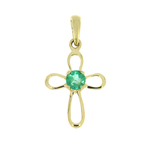 .04ct Emerald Cross Religious Pendant 10KT Yellow Gold