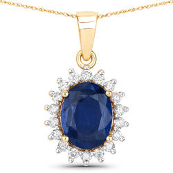 2.51 Carat Genuine Blue Sapphire and White Diamond 14K Yellow Gold Pendant