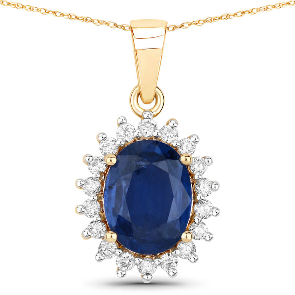 2.51 Carat Genuine Blue Sapphire and White Diamond 14K Yellow Gold Pendant