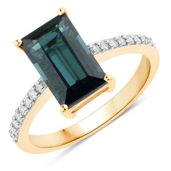 3.22 Carat Genuine Green Tourmaline and White Diamond 14K Yellow Gold Ring