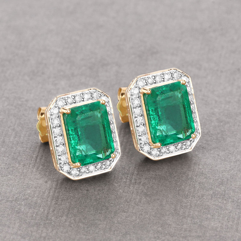 IGI Certified 5.24 Carat Genuine Zambian Emerald and White Diamond 14K Yellow Gold Earrings