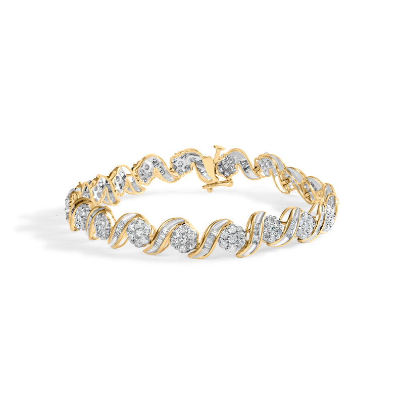 10K Yellow Gold 4.00 Cttw Diamond Floral Design Spiral Link 7.50" Bracelet (I-J Color, I2-I3 Clarity)