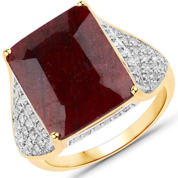 18K Yellow Gold Plated 10.65 Carat Dyed Ruby and White Topaz .925 Sterling Silver Ring