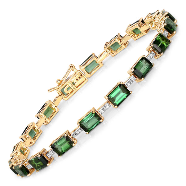 11.14 Carat Genuine Green Tourmaline and White Diamond 14K Yellow Gold Bracelet