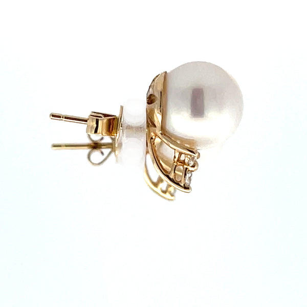 .12ct FW Pearl Diamond Stud Earrings 14KT Yellow Gold