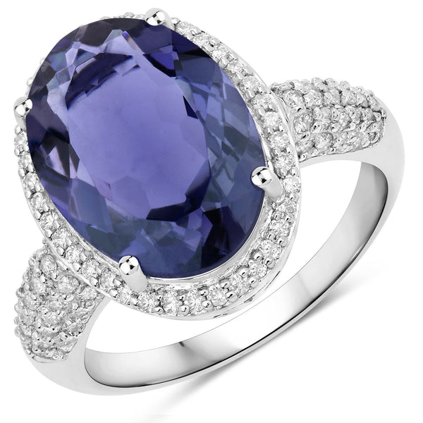 4.41 Carat Genuine Iolite and White Diamond 14K White Gold Ring