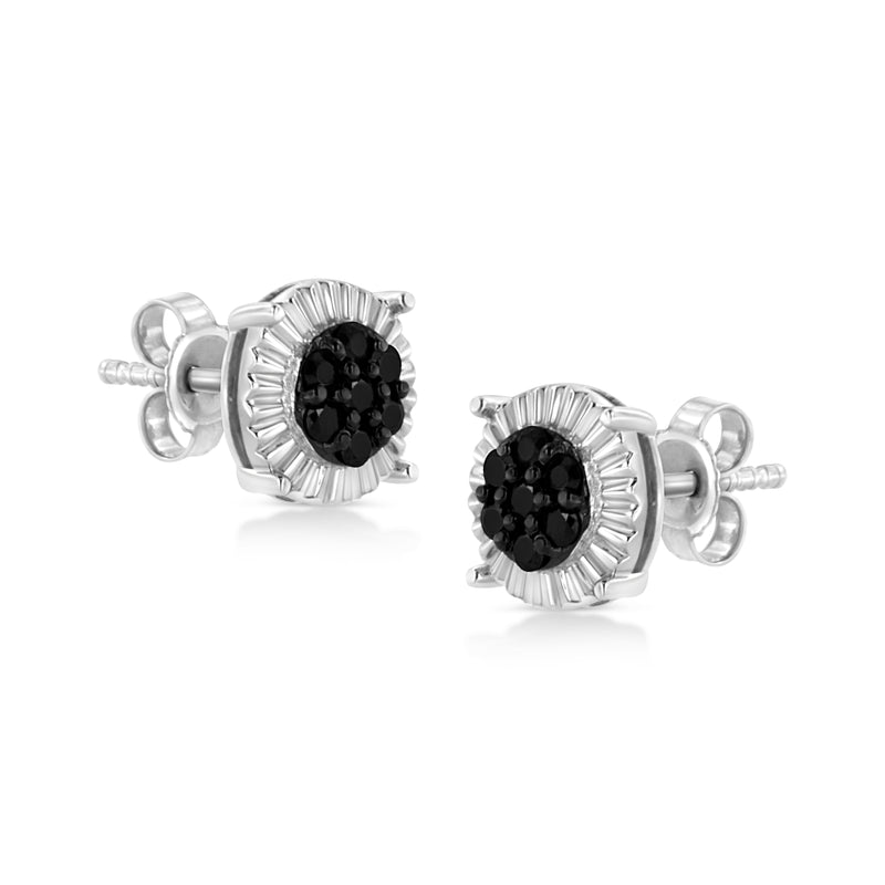 .925 Sterling Silver 1/4 Cttw Black Color Treated Diamond Cluster Flower Stud Earrings (Black Color, I2-I3 Clarity)