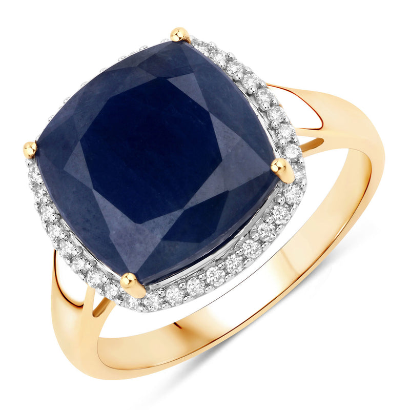 7.71 Carat Genuine Blue Sapphire  and White Diamond 14K Yellow Gold Ring