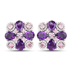 6.51 Carat Genuine Pink Tourmaline, Amethyst and White Diamond .925 Sterling Silver Earrings