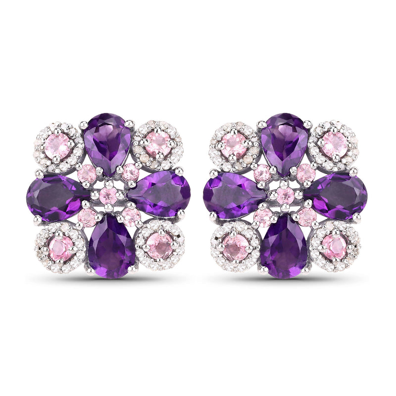 6.51 Carat Genuine Pink Tourmaline, Amethyst and White Diamond .925 Sterling Silver Earrings