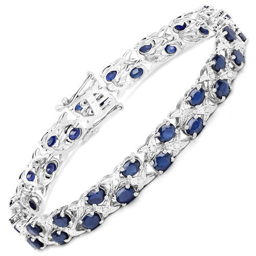 12.55 Carat Genuine Blue Sapphire and White Diamond .925 Sterling Silver Bracelet