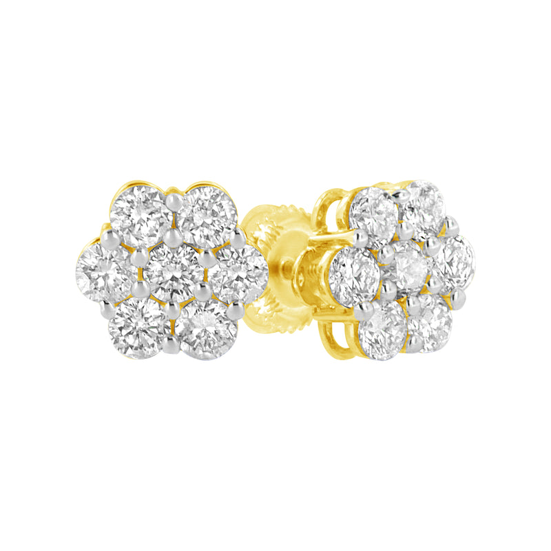 14K Yellow Gold 1 1/2 Cttw 7 Stone Floral Cluster Round Brilliant Cut Diamond Stud Earrings with Screw Backs (I-J Color, SI1-SI2 Clarity)