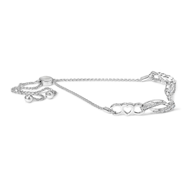 .925 Sterling Silver 1/10 Cttw Diamond Heart Link Adjustable Bolo Bracelet (I-J Color, I2-I3 Clarity) - 4 to 10 Inches