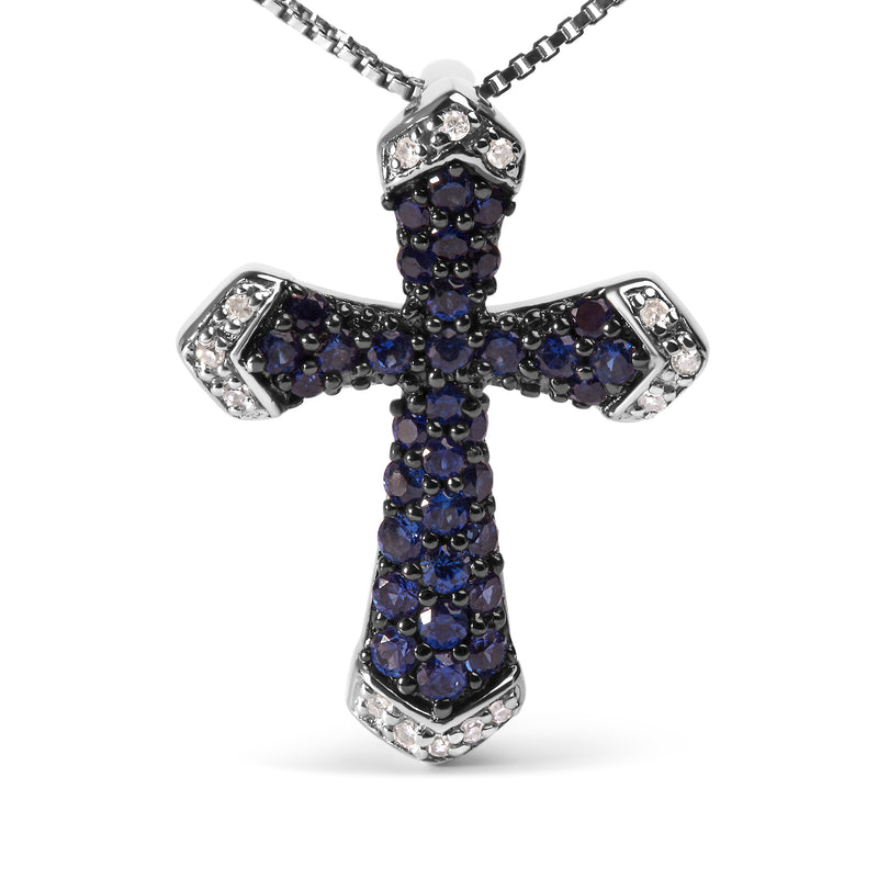 .925 Sterling Silver 3/4 Cttw Created Blue Sapphire and White Diamond Accent Cross Pendant Necklace - 18" Inches