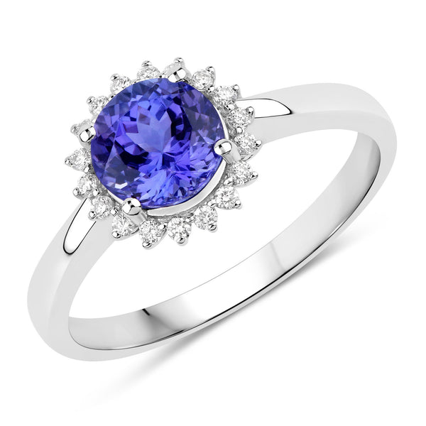 1.37 Carat Genuine Tanzanite and White Diamond 14K White Gold Ring