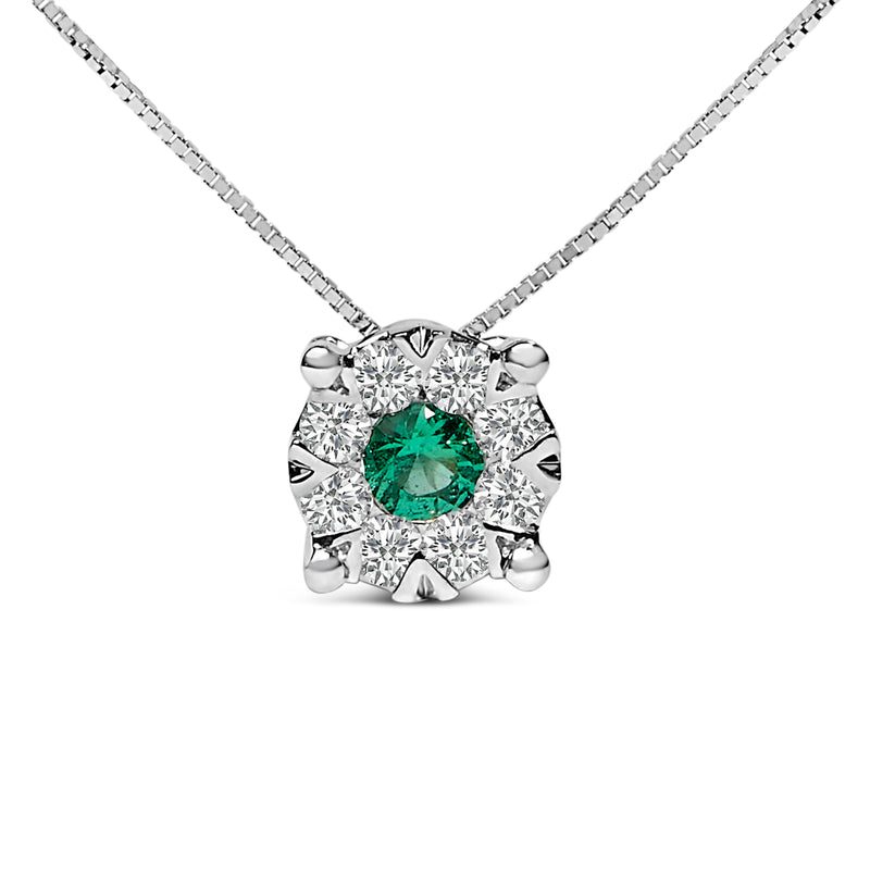 14K White Gold 3.8 MM Green Emerald and 1/3 Cttw Diamond Composite Halo 18" Pendant Necklace (F-G Color, VS2-SI1 Clarity)