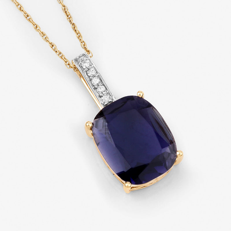 3.06 Carat Genuine Iolite and White Diamond 14K Yellow Gold Pendant