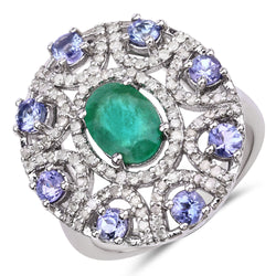 2.75 Carat Genuine Tanzanite, Emerald and White Diamond .925 Sterling Silver Ring