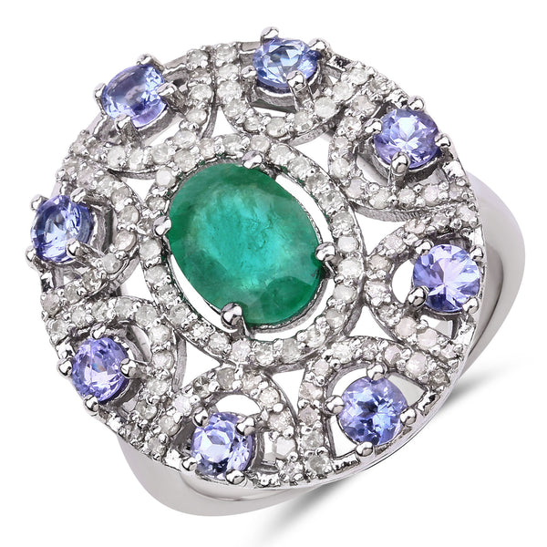 2.75 Carat Genuine Tanzanite, Emerald and White Diamond .925 Sterling Silver Ring